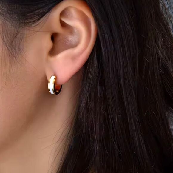 White Enamel Small Hoop Huggie Earrings Gold Plated - Picture 4 of 5